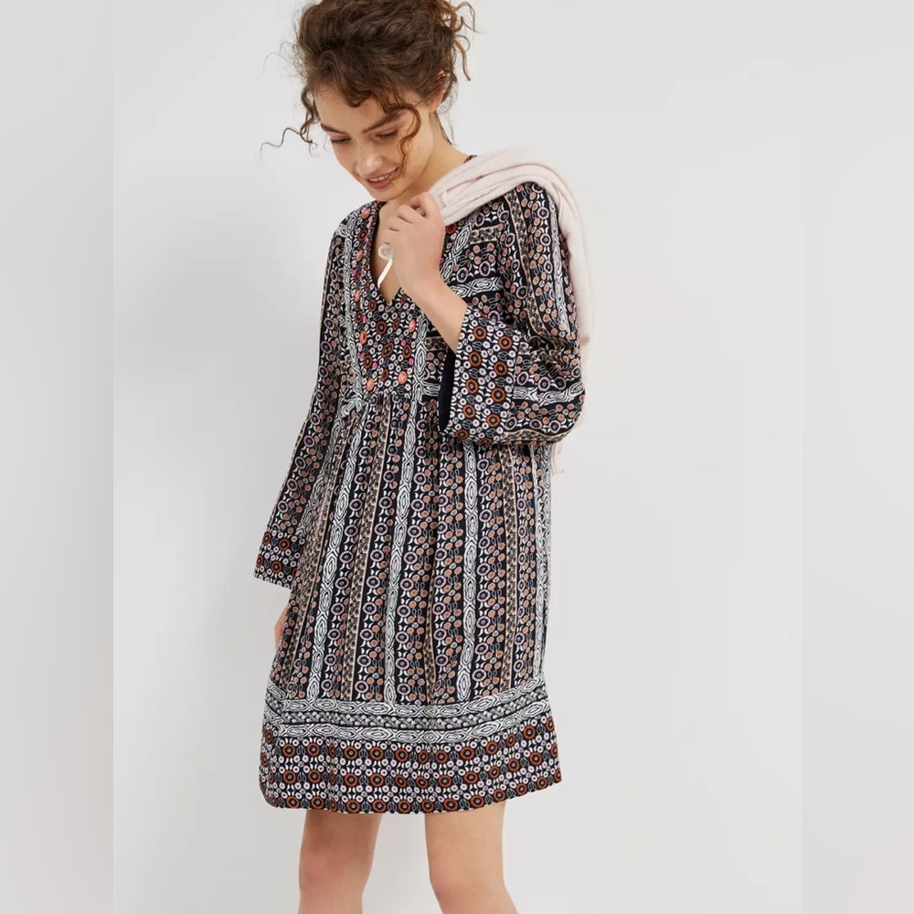 Anthropologie Black Multicolor Printed Long-Sleeve Dress
